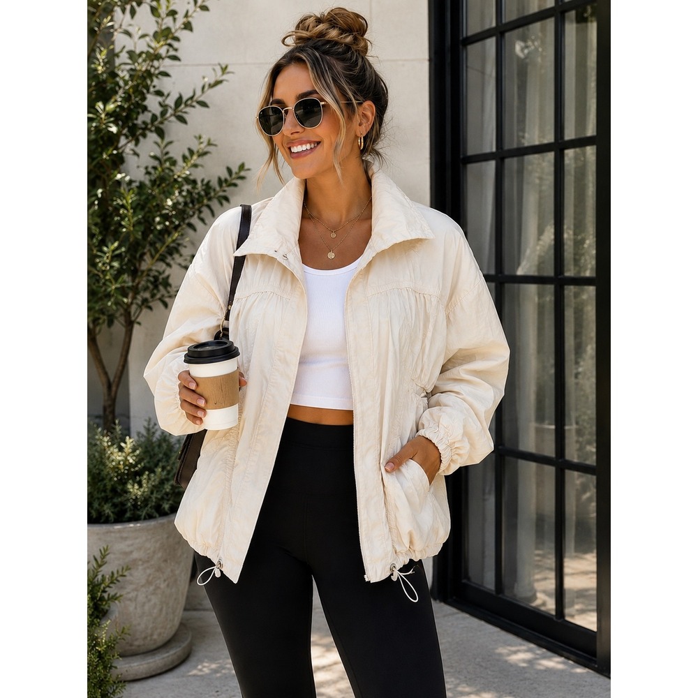 Anthropologie Cream Parachute Utility‎ Jacket Oversized Toggle Windbreaker Sz XL